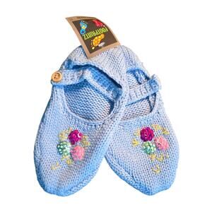 Crocheted Slipper Socks Blue sequined flowers wooden button by Footprintz NWT